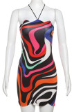 Colour Sexy Print Bandage Patchwork Halter Wrapped Skirt Dresses