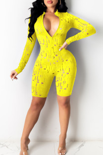 Yellow Sexy Solid Ripped Patchwork Zipper Zipper Collar Skinny Rompers