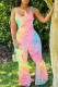 Pink Green Elegant Print Patchwork U Neck Boot Cut Jumpsuits
