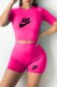 Rose Red Casual Print Letter O Neck Short Sleeve Two Pieces