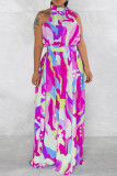 Rose Red Street Print Bandage Patchwork Halter Printed Dress Dresses