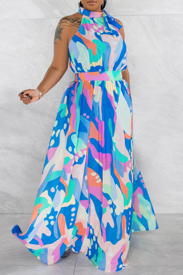 Blue Street Print Bandage Patchwork Halter Printed Dress Dresses