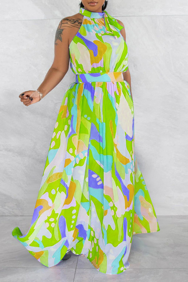 Green Street Print Bandage Patchwork Halter Printed Dress Dresses