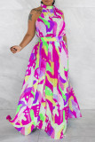 Rose Red Street Print Bandage Patchwork Halter Printed Dress Dresses