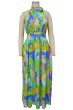 Rose Red Street Print Bandage Patchwork Halter Printed Dress Dresses