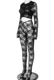 Black Street Solid Patchwork See-through O Neck Skinny Jumpsuits