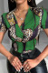 Green Casual Print Patchwork V Neck T-Shirts