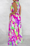 Rose Red Street Print Bandage Patchwork Halter Printed Dress Dresses