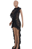 Black Sexy Solid Lace Patchwork Flounce Asymmetrical Collar Long Dress Dresses