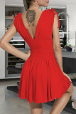 Red Sexy Solid Frenulum Fold V Neck Sleeveless Dress Dresses