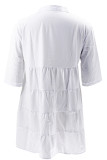 White Casual Sweet Solid Patchwork Buckle Cardigan Collar A Line Plus Size Dresses