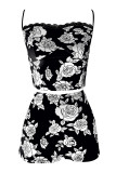 Black Sweet Print Lace Patchwork Spaghetti Strap Sleeveless Two Pieces