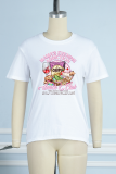 White Casual Letter Cartoon Print Patchwork O Neck T-Shirts