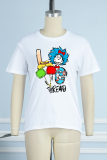 White Casual Character Print O Neck T-Shirts