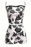 Black Sweet Print Lace Patchwork Spaghetti Strap Sleeveless Two Pieces
