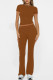 Brown Casual Solid Patchwork O Neck Short Sleeve Two Pieces
