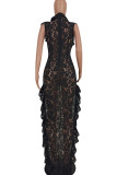 Black Sexy Solid Lace Patchwork Flounce Asymmetrical Collar Long Dress Dresses