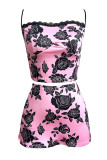 Pink Sweet Print Lace Patchwork Spaghetti Strap Sleeveless Two Pieces