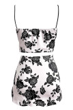 White Sweet Print Lace Patchwork Spaghetti Strap Sleeveless Two Pieces