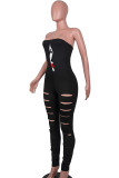 Red Sexy Print Hollowed Out Patchwork Strapless Skinny Jumpsuits