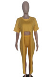 Yellow Elegant Solid Patchwork O Neck Half Sleeve Two Pieces