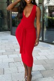 Red Sexy Solid Bandage Patchwork V Neck Long Dress Dresses