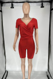 Red Elegant Solid Patchwork V Neck Short Sleeve Two Pieces