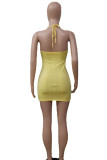 Gold Sexy Solid Bandage Patchwork Halter Wrapped Skirt Dresses