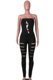 Red Sexy Print Hollowed Out Patchwork Strapless Skinny Jumpsuits