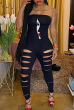 Red Sexy Print Hollowed Out Patchwork Strapless Skinny Jumpsuits