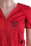 Red Casual Street Print Letter Zipper Hooded Collar Short Sleeve Two Pieces