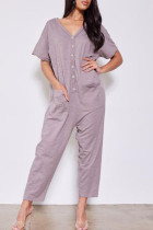 Purple Casual Print Patchwork Buckle V Neck Loose Jumpsuits