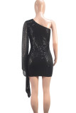 Black Sexy Solid Sequins Patchwork Oblique Collar Wrapped Skirt Dresses