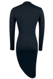 Black Sexy Solid Patchwork High Opening Fold O Neck Irregular Dress Dresses