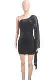 Black Sexy Solid Sequins Patchwork Oblique Collar Wrapped Skirt Dresses
