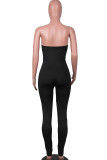 Red Sexy Print Hollowed Out Patchwork Strapless Skinny Jumpsuits