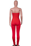 Red Sexy Print Hollowed Out Patchwork Strapless Skinny Jumpsuits