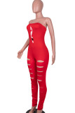 Red Sexy Print Hollowed Out Patchwork Strapless Skinny Jumpsuits