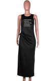 Black Casual Print Bandage Patchwork Draw String High Opening O Neck Long Dress Dresses