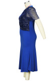 Blue Elegant Solid Patchwork Mesh Zipper V Neck Trumpet Mermaid Plus Size Dresses