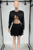 Black Street Solid Hollowed Out Patchwork Pleated O Neck Long Sleeve Two Pieces