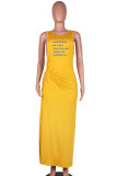 Yellow Casual Print Bandage Patchwork Draw String High Opening O Neck Long Dress Dresses