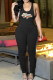 Black Sweet Print Patchwork Fold U Neck Skinny Jumpsuits