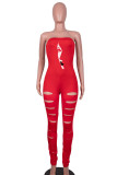 Red Sexy Print Hollowed Out Patchwork Strapless Skinny Jumpsuits