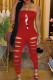 Red Sexy Print Hollowed Out Patchwork Strapless Skinny Jumpsuits