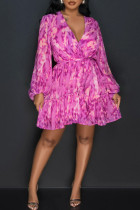 Pink Sexy Print Patchwork V Neck A Line Dresses