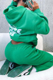 Green Casual Print Patchwork Draw String Pocket Hooded Collar Long Sleeve Two Pieces