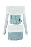 Light Blue Sexy Patchwork Mesh Off the Shoulder Long Sleeve Two Pieces