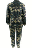 Army Green Street Camouflage Print Patchwork Draw String Pocket Zipper Zipper Collar Plus Size Jumpsuits