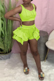 Fluorescent Green Sexy Casual Solid Patchwork Spaghetti Strap Sleeveless Two Pieces